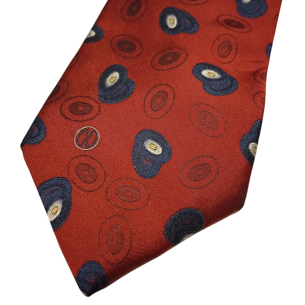 HALSTON III Mens Red Abstract Record‎ Oval Pattern Polyester Silk Blend Necktie